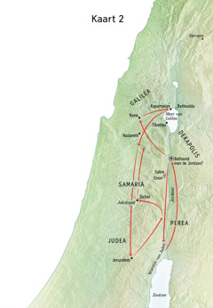Kaart met plaatsen uit Jezus’ leven, zoals de Jordaan en Judea