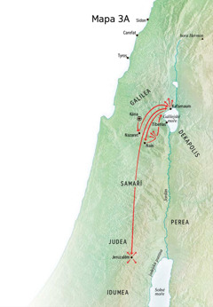 Mapa zachycující Ježíšovu službu v Galileji, Kafarnaum a Káně