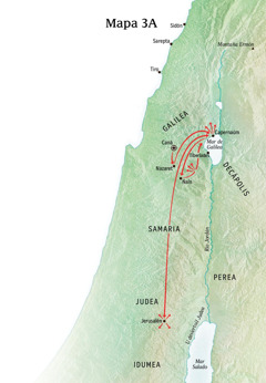 Mapa ku yeʼesik tuʼux predicarnaj Jesús tu luʼumil Galilea, Capernaúm yéetel Caná