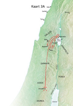 Kaart van Jezus’ bediening in Galilea, Kapernaüm en Kana