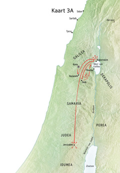 Kaart van Jezus’ bediening in Galilea, Kapernaüm en Kana