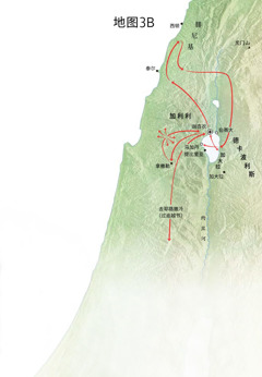 标明耶稣在加利利、腓尼基和德卡波利斯一带执行传道职务的地图