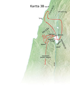 Kartassa Jeesuksen palvelukseen liittyviä paikkoja Galileassa, Foinikiassa, Dekapoliissa