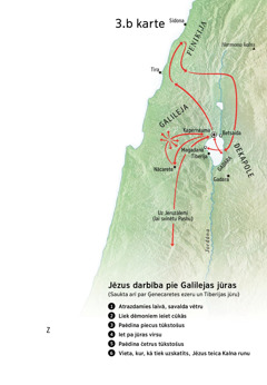 Karte, kurā norādīti ar Jēzus kalpošanu saistīti novadi: Galileja, Feniķija un Dekapole
