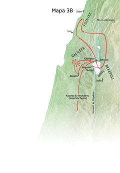 Mapa yowonesa vinthu vikuluvikulu vomwe Yesu adachita padziko yapasi—Utumiki ukulu wa Yesu m’madera yozungulira ya Galileya, Foinike na Dekapoli