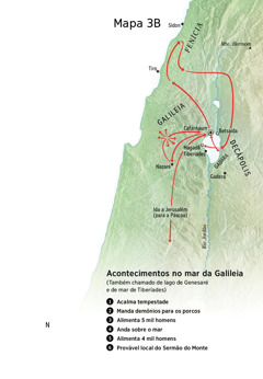 Mapa de lugares relacionados ao ministério de Jesus na região da Galileia, Fenícia e Decápolis