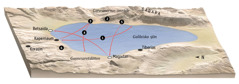 Karta över viktiga platser i Jesus tjänst runt Galileiska sjön