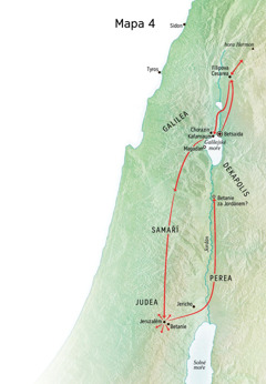Mapa zachycující Ježíšovu službu v Judeji a Galileji