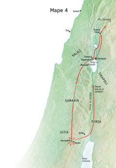 Mape ni cakacaka vakaitalatala nei Jisu e Jutia, wili kina o Jerusalemi, Pecani, Peciseita, Sisaria Filipai