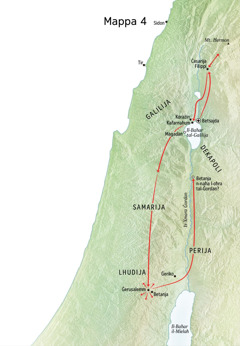 Mappa tal-ministeru taʼ Ġesù fil-Lhudija inkluż Ġerusalemm, Betanja, Betsajda, Ċesarija Filippi