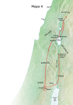 Mapa han ministeryo ni Jesus ha Judea nga nag-uupod han Jerusalem, Betania, Betsaida, Cesarea Filipos