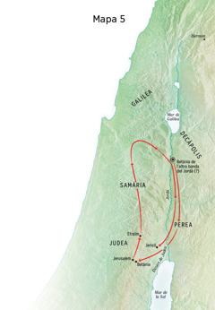 Mapa de llocs relacionats amb el ministeri de Jesús, com ara Betània, Jericó i Perea