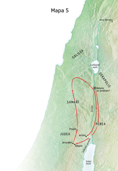 Mapa míst spojených s Ježíšovou službou, včetně Betanie, Jericha a Pereje