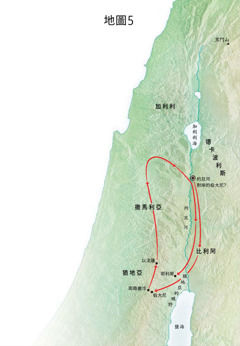 標明耶穌在伯大尼、耶利哥和比利阿等地執行傳道職務的地圖