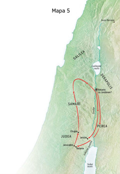 Mapa míst spojených s Ježíšovou službou, včetně Betanie, Jericha a Pereje