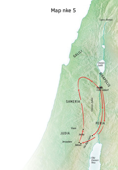 Map gosiri ebe ndị Jizọs gara ozi ọma, dị ka na Betani, Jeriko, na Peria