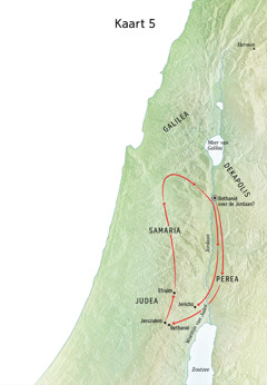 Kaart met plaatsen uit Jezus’ bediening, zoals Bethanië, Jericho en Perea