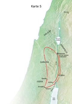 Karte von Orten und Gegenden, wo Jesu unterwegs war (unter anderem Bethanien, Jericho und Peräa)
