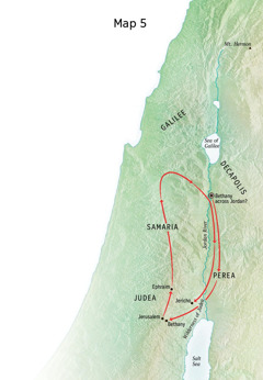 Map of locations related to Jesus’ ministry including Bethany, Jericho, and Perea