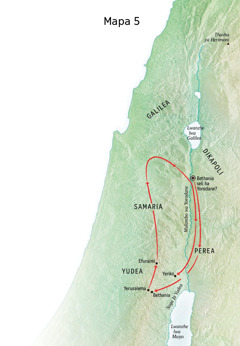 Mapa u sumbedzaho fhethu he Yesu a huwelela hone: Bethania, Yeriko, na Perea