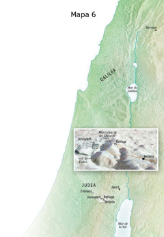 Mapa de llocs relacionats amb el ministeri de Jesús, com ara Jerusalem, Betània, Betfagé i la muntanya de les Oliveres