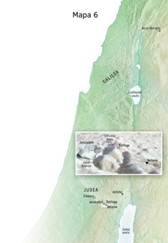 Mapa míst spojených se závěrem Ježíšovy služby, včetně Jeruzaléma, Betanie, Betfage a Olivové hory