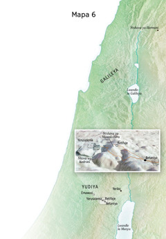 Mapa lowu kombisaka ntirho wa Yesu wa ku chumayela ku patsa ni Yerusalema, Betaniya, Betifaje ni ka Ntshava ya Mawolivhera