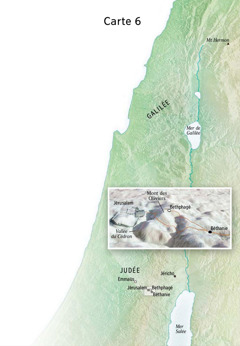 Carte indiquant des lieux associés au ministère final de Jésus, dont Jérusalem, Béthanie, Bethphagé et le mont des Oliviers