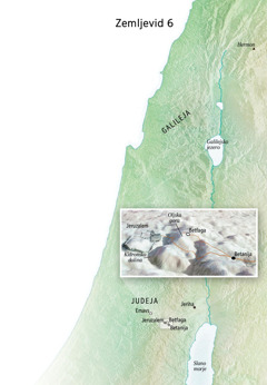 Zemljevid krajev, povezanih z zadnjimi dnevi Jezusovega delovanja, med drugim Jeruzalem, Betanija, Betfaga in Oljska gora