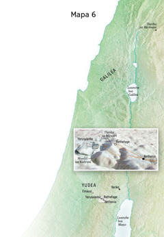 Mapa u sumbedzaho fhethu he Yesu a huwelela hone maḓuvhani awe a u fhedzisela: Yerusalema, Bethania, Bethefage, na Thavhani ya Miṱwari