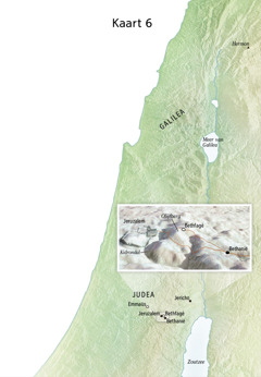Kaart met plaatsen uit het laatste deel van Jezus’ bediening, zoals Jeruzalem, Bethanië, Bethfagé en de Olijfberg