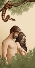 Adán y Eva en el jardín de Edén, y la serpiente cerca de ellos
