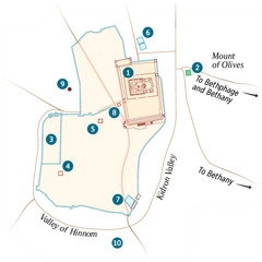 A map of Jerusalem and the surrounding area. Known and possible locations are listed. 1. Temple. 2. Garden of Gethsemane. 3. Governor’s palace. 4. House of Caiaphas. 5. Palace used by Herod Antipas. 6. Pool of Bethzatha. 7. Pool of Siloam. 8. Sanhedrin Hall. 9. Golgotha. 10. Akeldama.