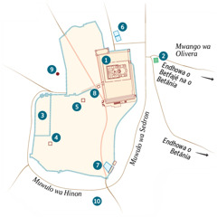 Mapa anlagiha Jeruzalemi vina mirydda dhowaddamela. Kazinddiyela Mparha na Dhilobo dhina Dhiniwanana. 1. Mparha. 2. Jardim wa Jetsemani. 3. Nyumba ya Governador. 4. Nyumba ya Kayifá. 5. Nyumba mwalaba Herodi Antipa. 6. Nttadda na o Betzatá. 7. Nttadda na o Silowe. 8. Sinedriyu. 9. Gólgota. 10. Hakeldamá.