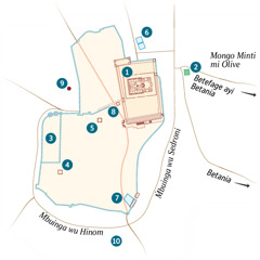 A map of Jerusalem and the surrounding area. Known and possible locations are listed. 1. Temple. 2. Garden of Gethsemane. 3. Governor’s palace. 4. House of Caiaphas. 5. Palace used by Herod Antipas. 6. Pool of Bethzatha. 7. Pool of Siloam. 8. Sanhedrin Hall. 9. Golgotha. 10. Akeldama.