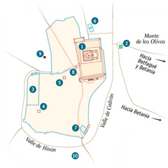 Mapa de Jerusalén y alrededores. Lista de ubicaciones seguras o posibles. 1. Templo. 2. Jardín de Getsemaní. 3. Residencia del gobernador. 4. Casa de Caifás. 5. Palacio usado por Herodes Antipas. 6. Estanque de Betzata. 7. Estanque de Siloam. 8. Sala del Sanedrín. 9. Gólgota. 10. Akéldama.