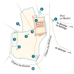 Mapa ya Yerusalemu na madera yozungulira. Madera yodziwika na yanango yakundoganizira. 1. Kachisi. 2. Munda wa Getsemane. 3. Nyumba ya governador. 4. Nyumba ya Kayafa. 5. Nyumba yomwe Herode Antipa ambakhala. 6. Dziwe ya Betizata. 7. Dziwe ya Siloamu. 8. Nyumba ya Tiribunari ikulu ya Ayuda. 9. Gologota. 10. Munda wa magazi.