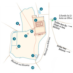 Mapa yebonisa Jerusalema ni libaka zeli bukaufi ni yona. Libaka zeñwi libonisizwe kone lifumaneha luli, mi libaka zeñwi zona libonisizwe kokukulubelwa kuli ki kona kone lifumaneha. 1. Tempele. 2. Simu ya Getsemani. 3. Ndu ya Mubusisi. 4. Ndu ya Kayafa. 5. Ndu Yanaaitusisanga Heroda Antipasi. 6. Kasa ka Betesda. 7. Kasa ya Siloe. 8. Sanhedrin HallMuyaho wa Sanhedrini. 9. Gologota. 10. Hakeldama.