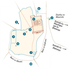 Mapa unopangidza Djerusarema no mbuto dzakaitenderedza. Mbuto dzinoziikanwa uye dzisikanyasi kuziikanwa dzinopangidzwa. 1. Tempro. 2. Munda we Getsimani. 3. Nyumba ya govhernadhori. 4. Nyumba ya Kaifasi. 5. Nyumba yaiseenzeswa na Herodhi Antipa. 6. Dziya ro Bhetizata. 7. Dziya ro Sirowe. 8. Nyumba yo Sinedriyo. 9. Gorokota. 10. Akeridhama.