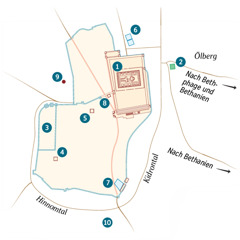 Karte von Jerusalem und Umgebung mit bekannten und vermuteten Standorten. (1) Tempel. (2) Garten Gethsemane. (3) Prätorium. (4) Haus von Kaiphas. (5) Palast von Herodes Antipas. (6) Wasserbecken Bethzatha. (7) Teich Siloam. (8) Saal des Sanhedrins. (9) Golgotha. (10) Akeldama.