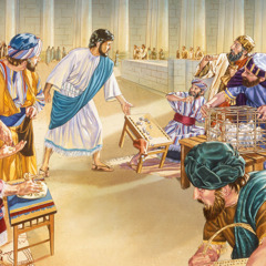 Jezus przewraca stoły wymieniających pieniądze w świątyni.