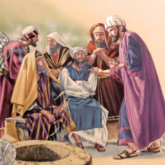 Iskariót Júdás egyezkedik a zsidó vallási vezetőkkel.