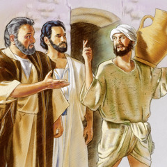 Pjetri dhe Gjoni ndjekin një burrë që mban një enë balte me ujë.