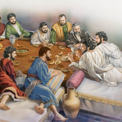 Si Jesus ug ang iyang matinumanong mga apostoles nga naglingkod libot sa lamesa panahon sa Panihapon sa Ginoo.