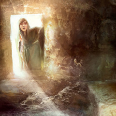 María Magdalena se asoma a la tumba vacía de Jesús.
