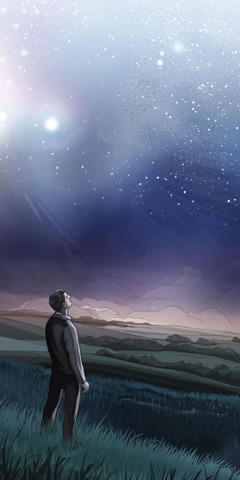 Moški gleda v nebo.