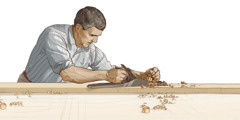 Seorang lelaki bekerja keras sebagai tukang kayu