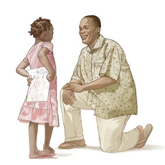 Una bambina porta al papà un disegno che ha fatto per lui