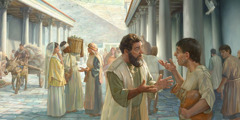 Cristiani del I secolo predicano in una strada affollata di Efeso