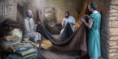 The apostle Paul and fellow believers making tents.